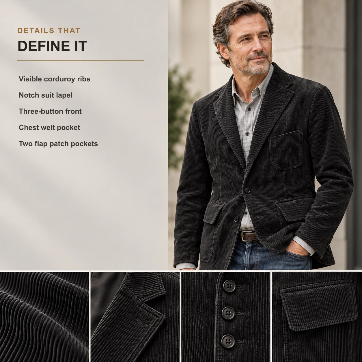 Men's Corduroy Suit Blazer Casual Loose Fit Jacket