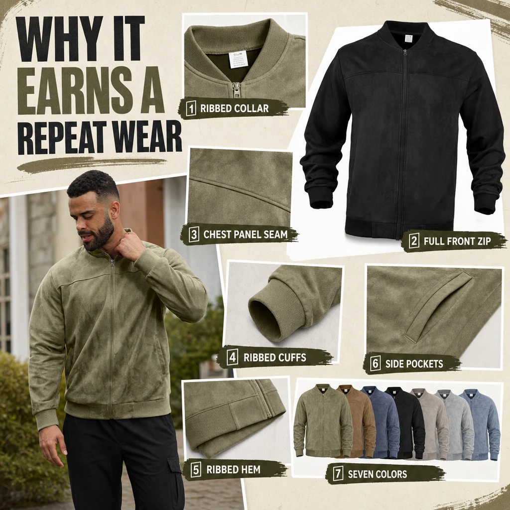 Seven features of the suede-look bomber jacket