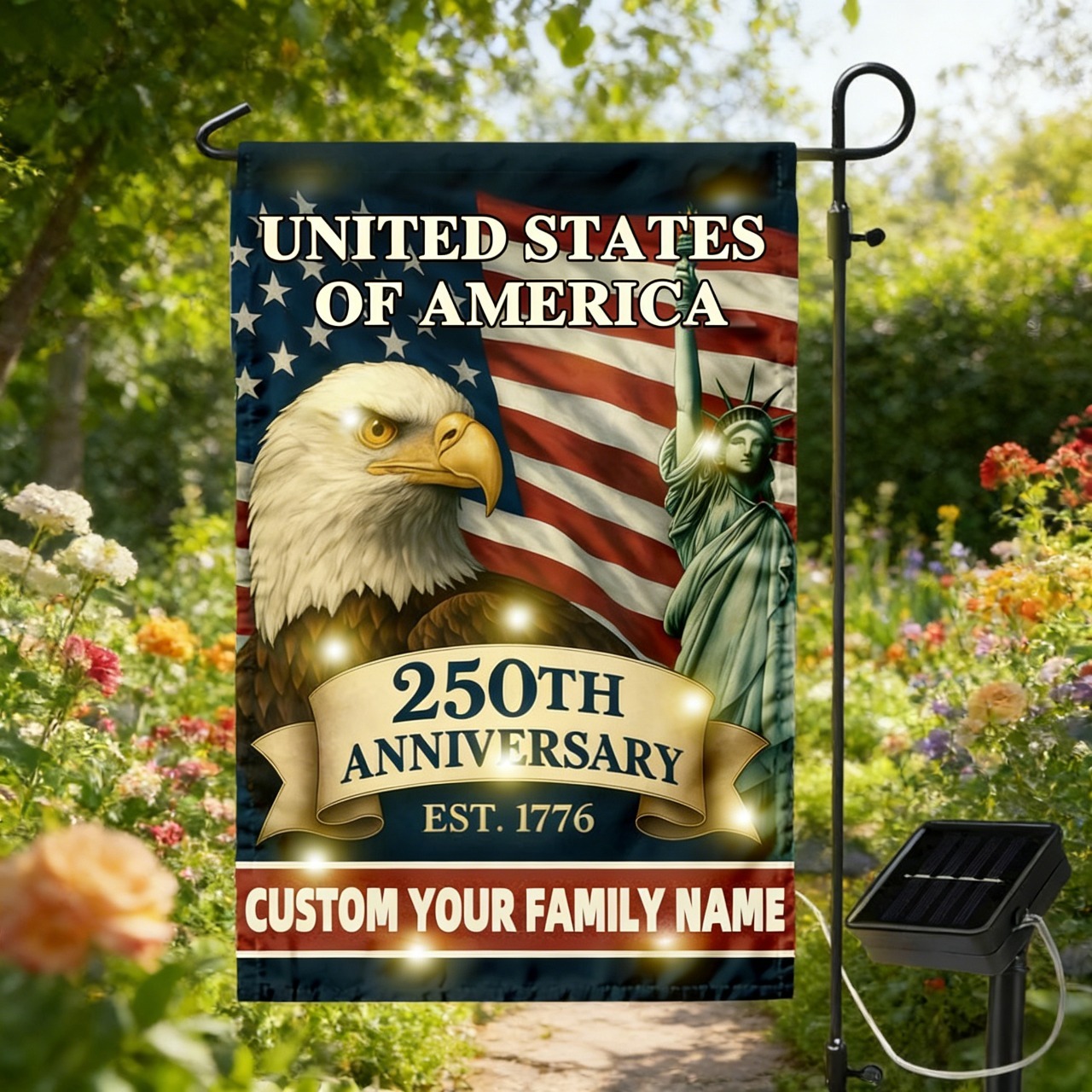 Custom Family Name Celebrate America 250th Anniversary Garden Flag Patriotic Gifts