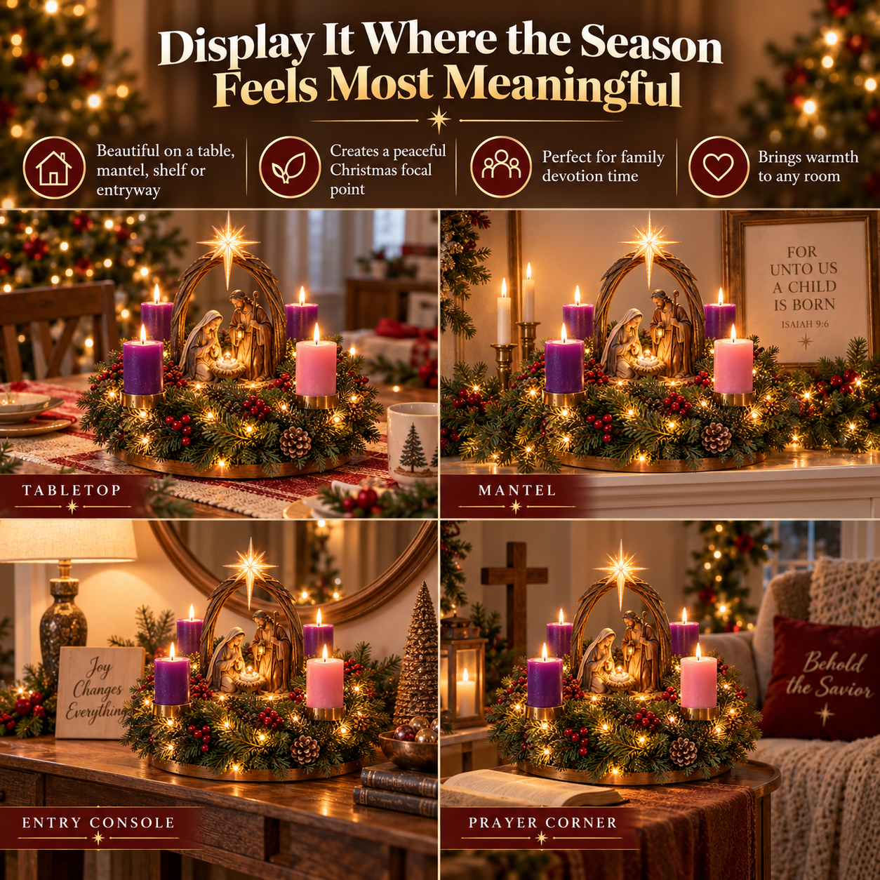 ✨✝️ Lighted Nativity Advent Wreath – A Sacred 4-Week Christmas Tradition🕯️
