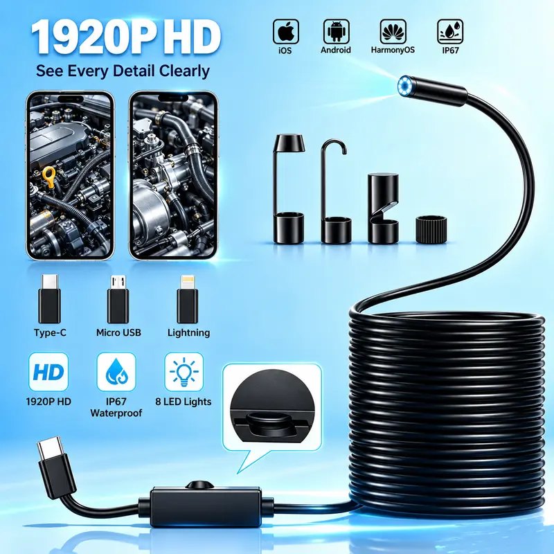 1920 by 1440 HD endoscope camera with flexible semi-rigid cable, phone adapters and accessories