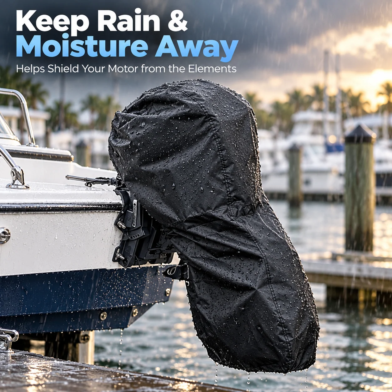 Water droplets on an outboard motor cover