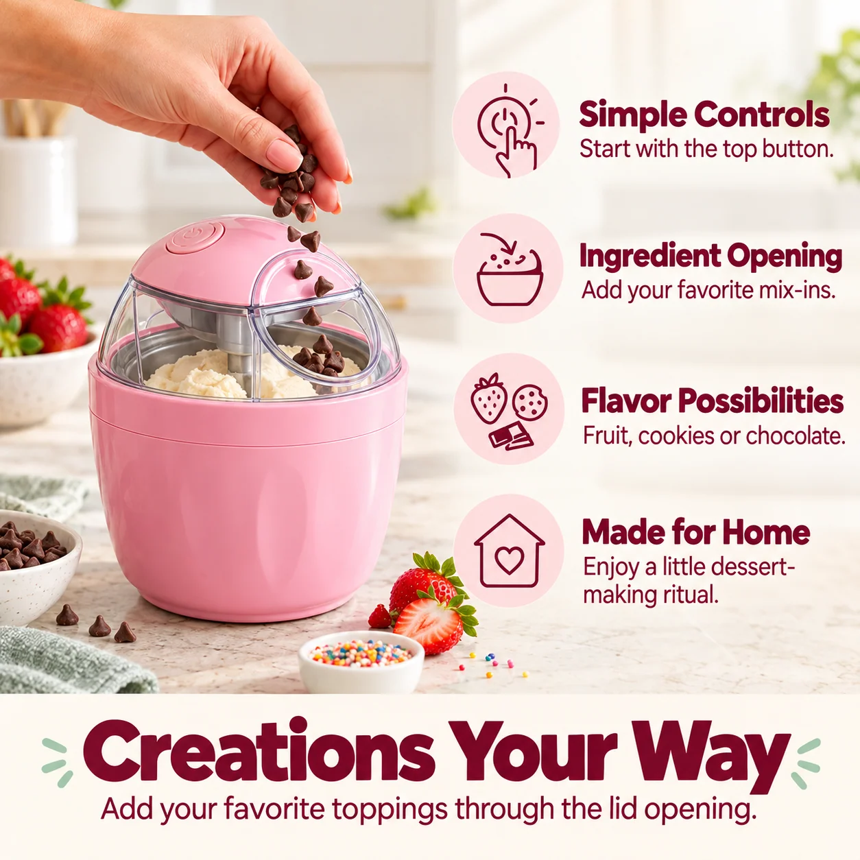 Pink ice cream maker cup showing the controls and ingredient opening