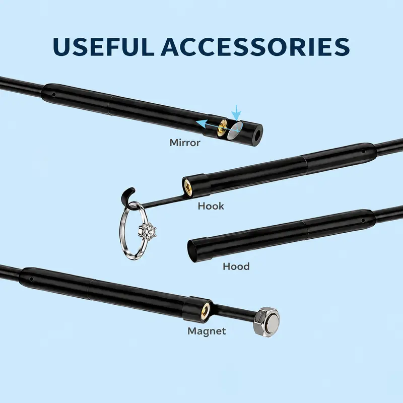IP67-rated endoscope probe with accessory attachments and waterproof camera head