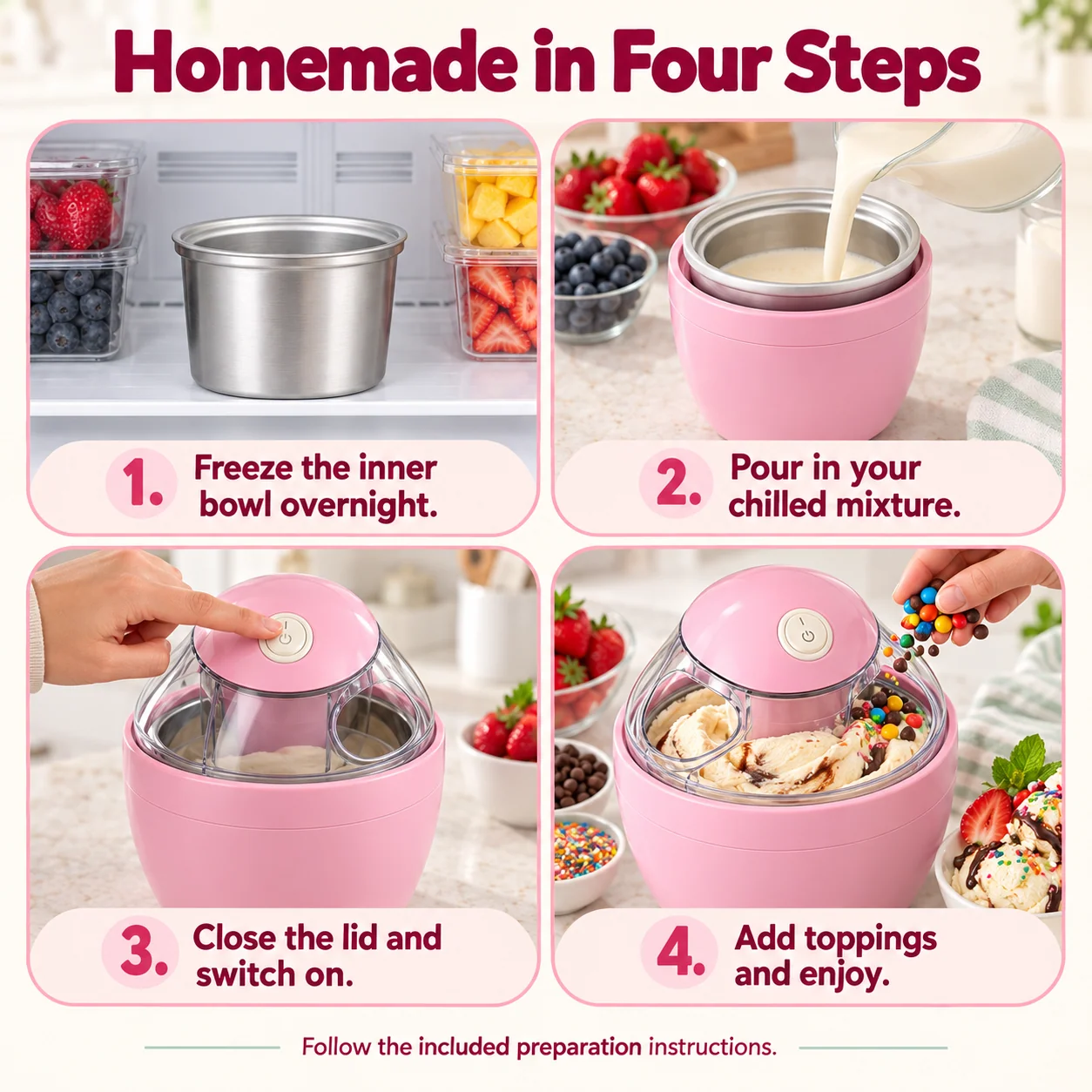 Four-step preparation guide for the ice cream maker cup