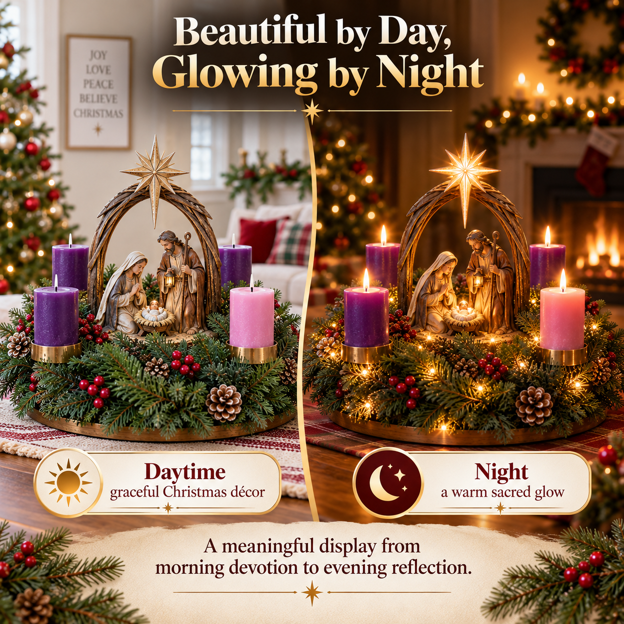 ✨✝️ Lighted Nativity Advent Wreath – A Sacred 4-Week Christmas Tradition🕯️