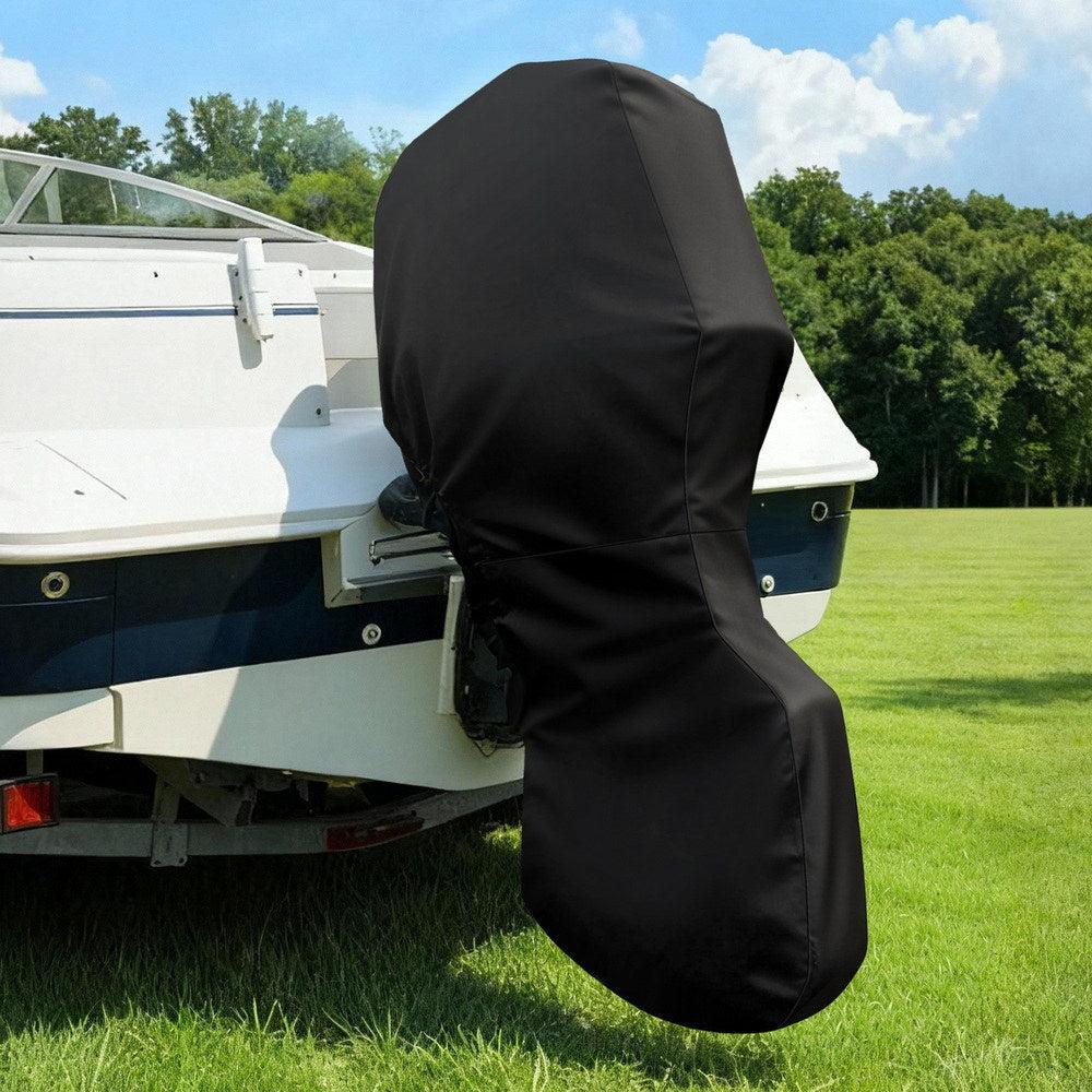 Black outboard motor protective cover for outdoor storage