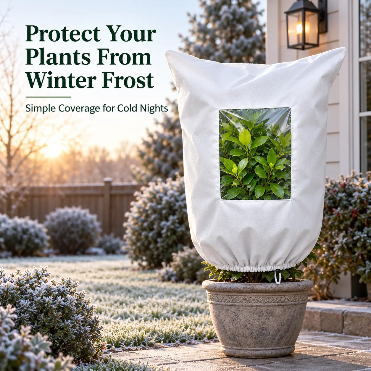 Winter plant frost protection cover protecting a potted outdoor plant