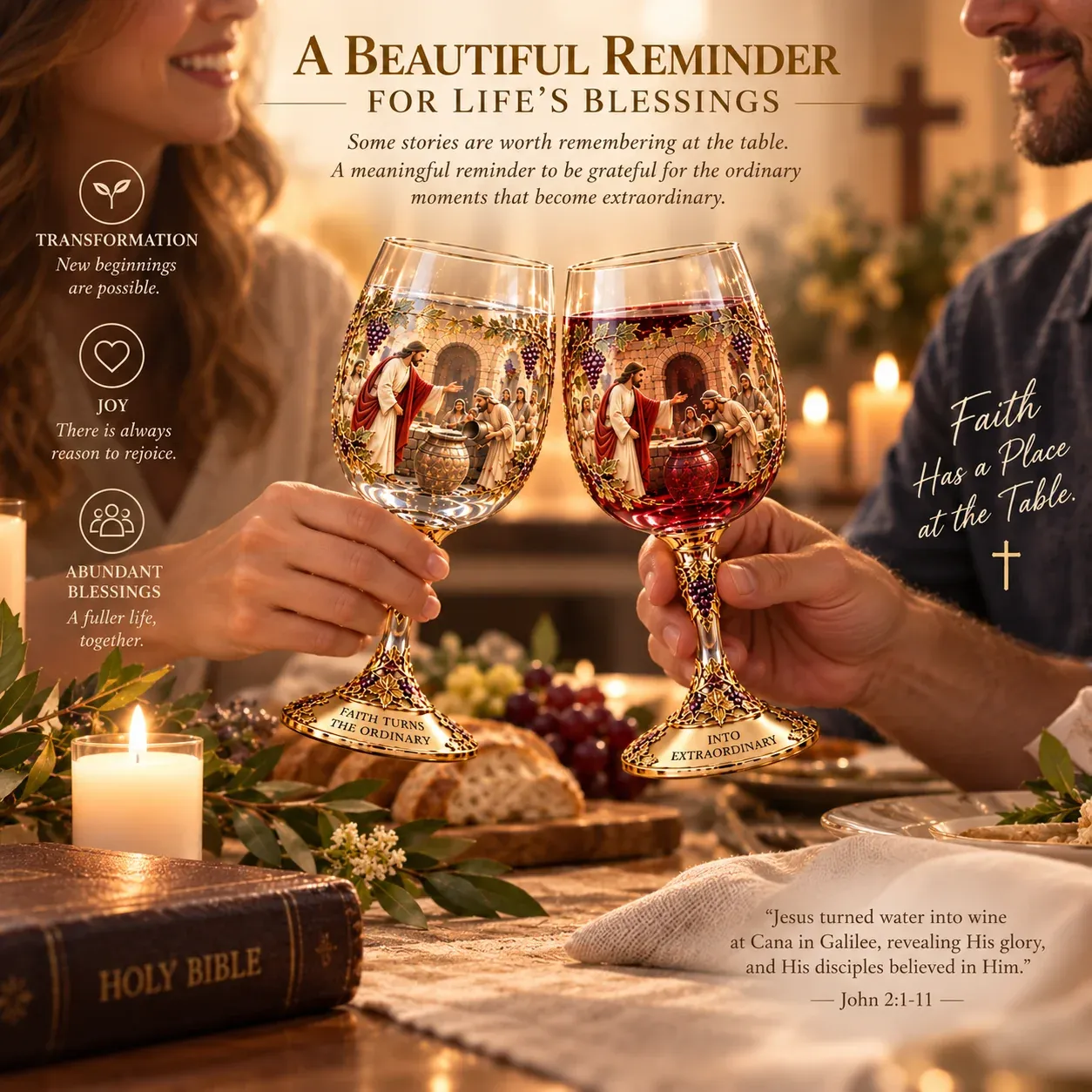 The faith-inspired Miracle at Cana glass set at a shared table