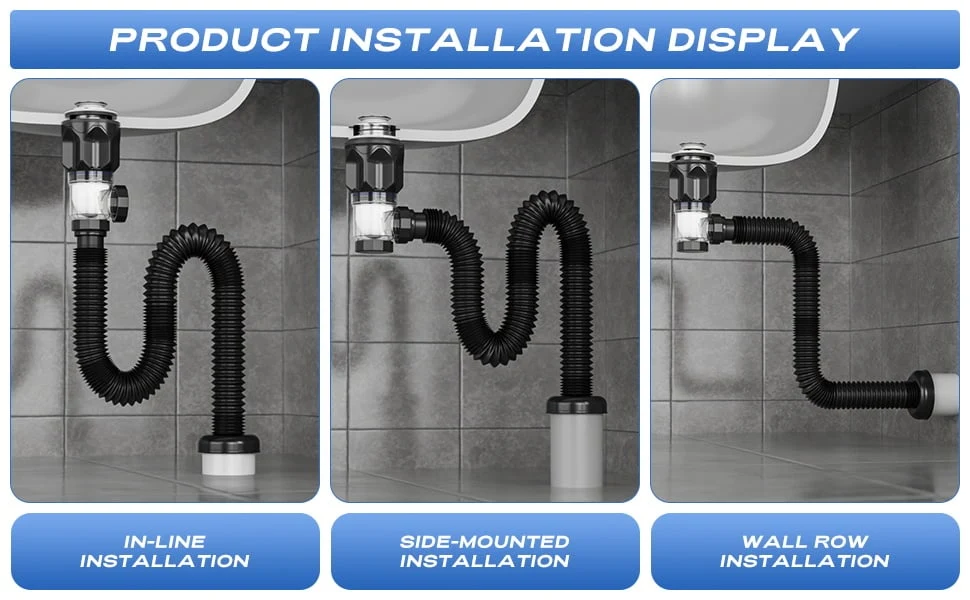 Three flexible P-trap sink drain installation options