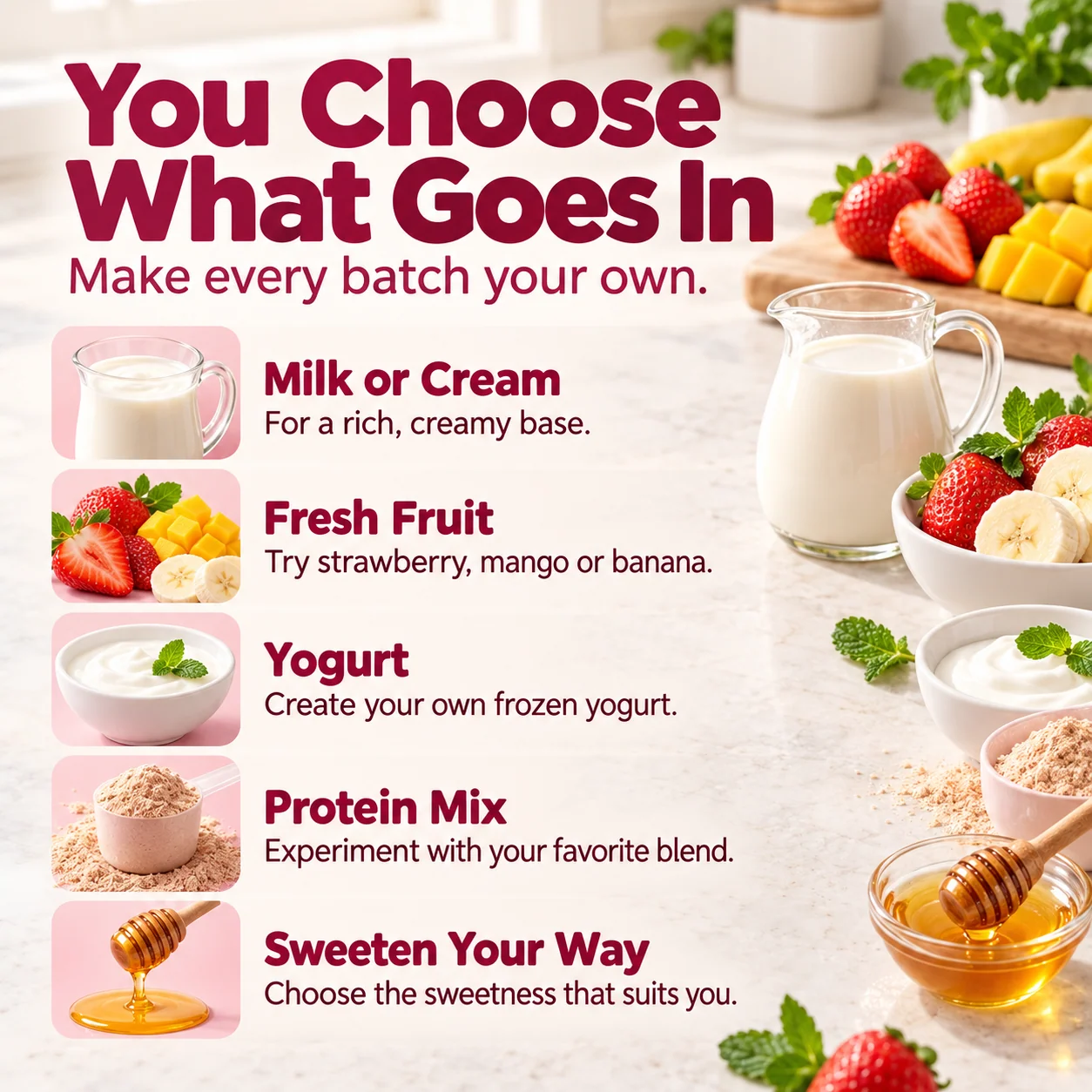 Ingredient ideas for homemade frozen desserts including milk, fruit and yogurt