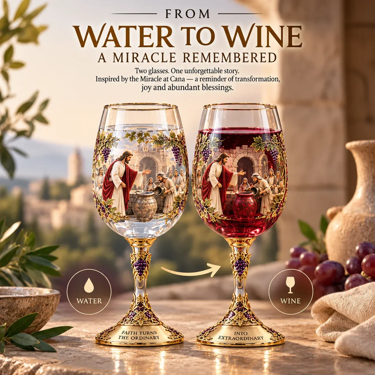 The Miracle at Cana matching water-inspired and wine-inspired glasses