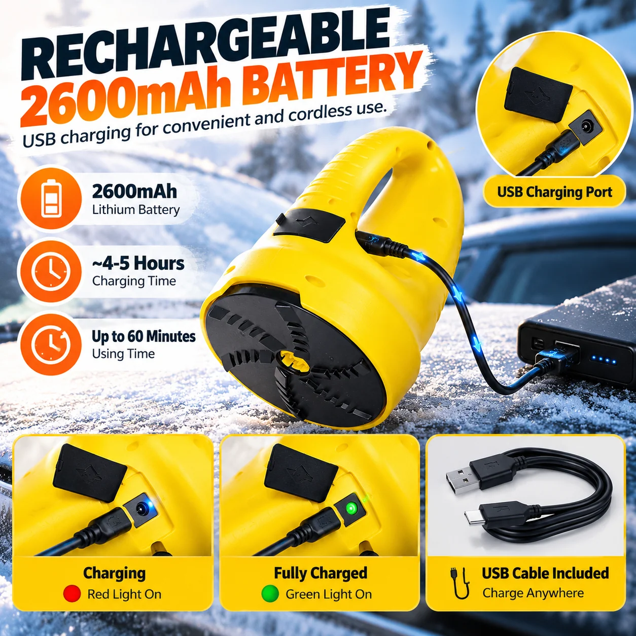 Rechargeable electric ice scraper battery and charging details