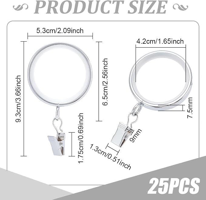 Silent Glide Curtain Clip Rings with Nylon Inserts – 65mm (Pack of 25, Platinum)