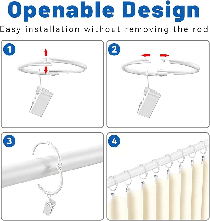 Rustproof Openable Curtain Clip Rings – 2" Inner Dia (Pack of 24, Pure White)