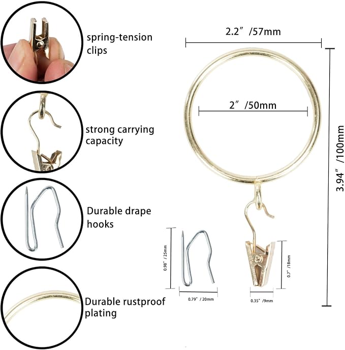 Decorative Curtain Clip Rings with Pin Hooks – 2" (50mm) Inner Dia (Pack of 24, Gold)