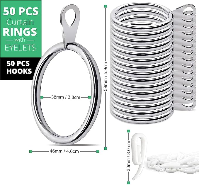 Metal Eyelet Curtain Pole Rings with Hanging Hooks – 38mm (Pack of 50, Silver)