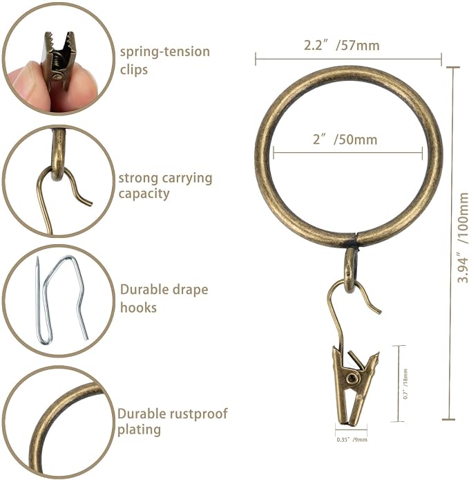 Heavy-Duty Curtain Rings with Matching Hooks & Clips – 50mm (Pack of 24, Bronze)