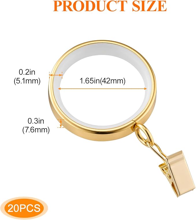 Silent Smooth-Glide Curtain Clip Rings with Nylon Lining – 42mm (Pack of 20, Gold)