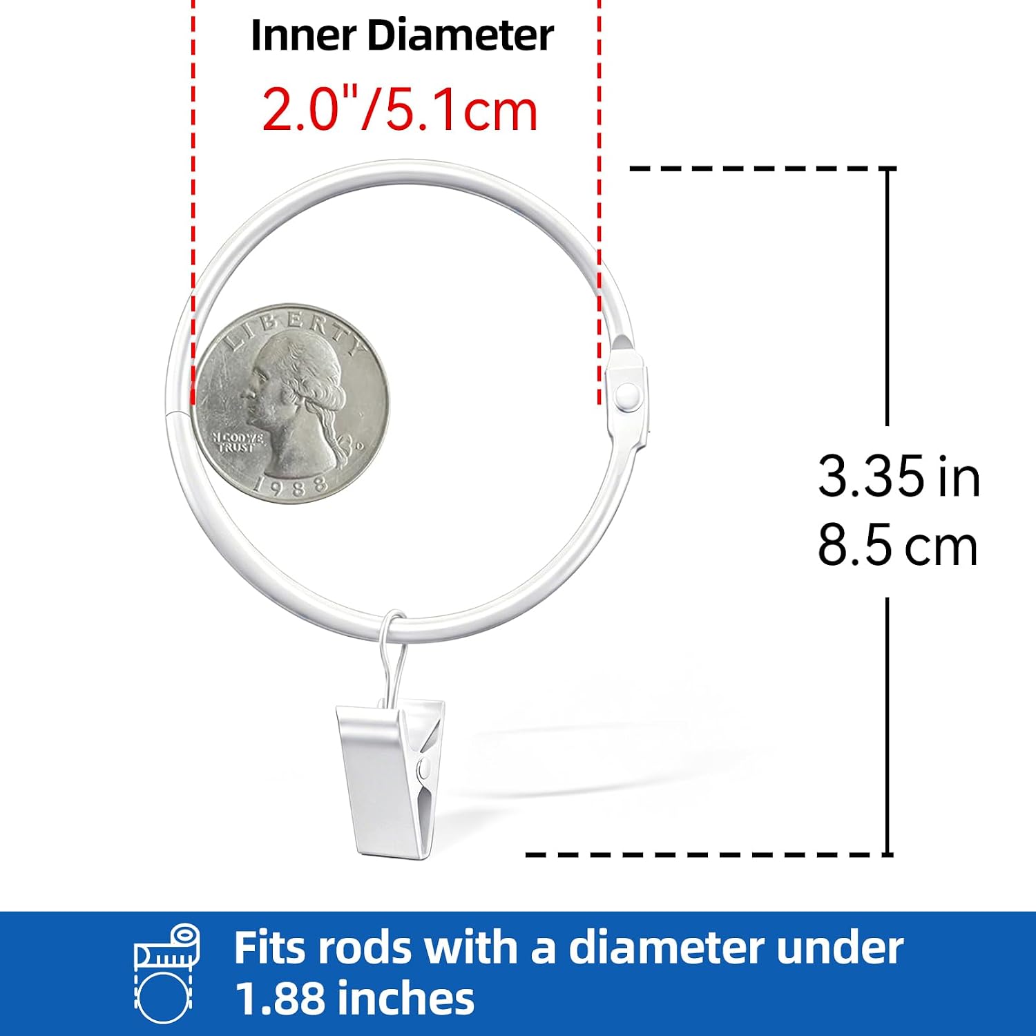 Rustproof Openable Curtain Clip Rings – 2" Inner Dia (Pack of 24, Pure White)