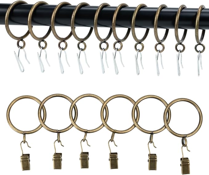 Heavy-Duty Curtain Rings with Matching Hooks & Clips – 50mm (Pack of 24, Bronze)