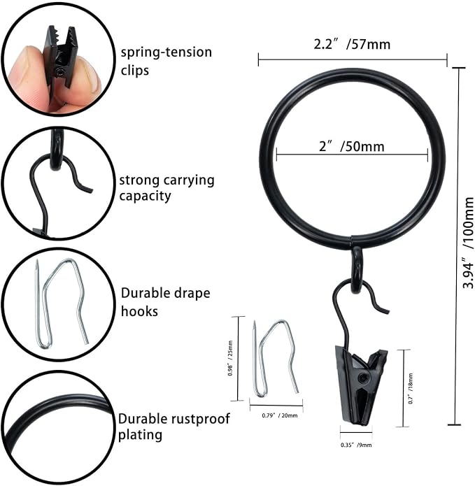 Decorative Curtain Clip Rings with Pin Hooks – 2" (50mm) Inner Dia (Pack of 24, Classic Black)