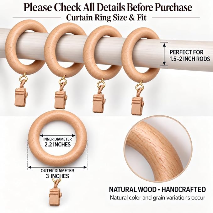 Natural Beechwood Curtain Rings with Metal Clips – 2.2" Inner Dia (Pack of 24)