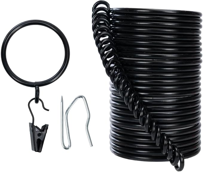 Decorative Curtain Clip Rings with Pin Hooks – 2" (50mm) Inner Dia (Pack of 24, Classic Black)
