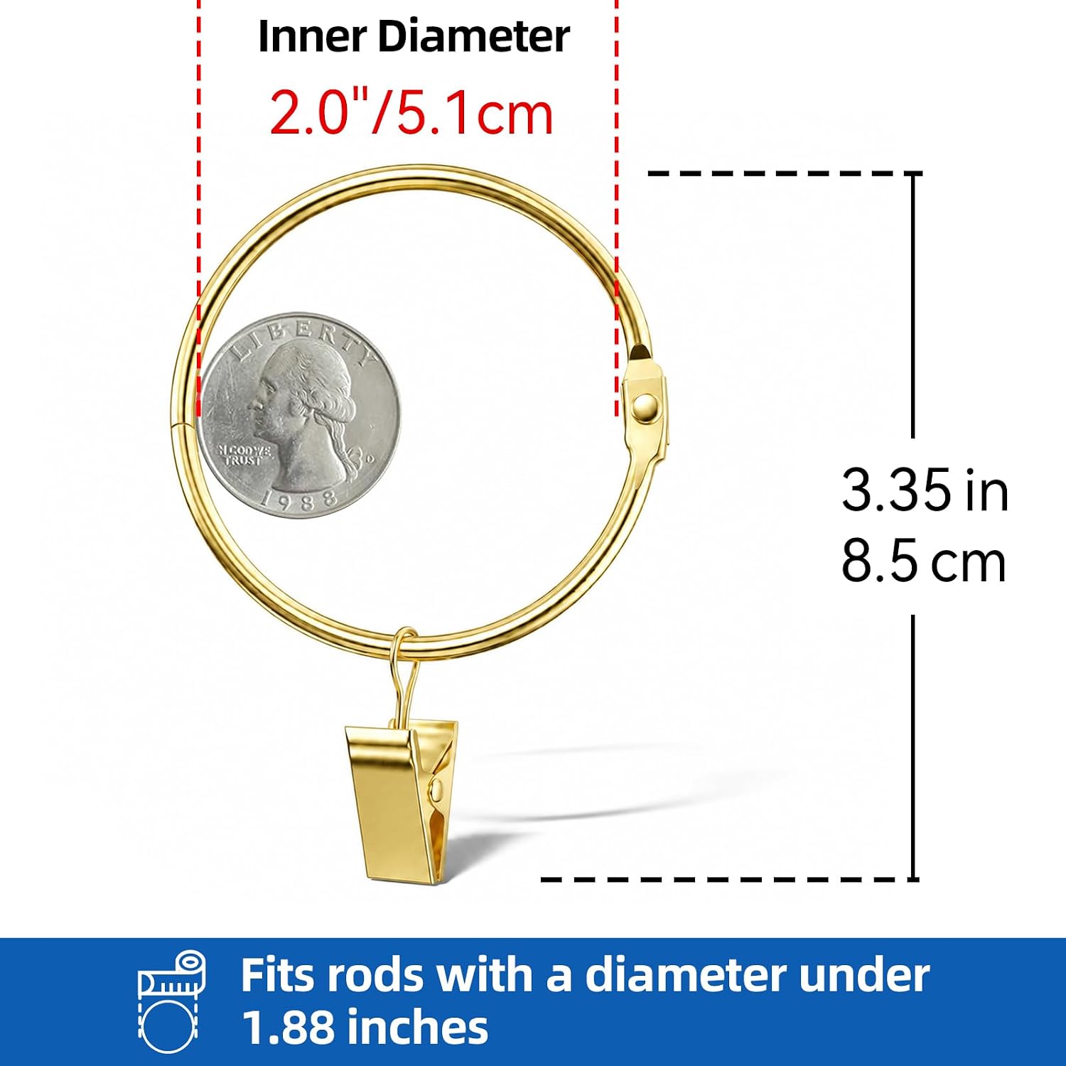 Rustproof Openable Curtain Clip Rings – 2" Inner Dia (Pack of 24, Classic Gold)