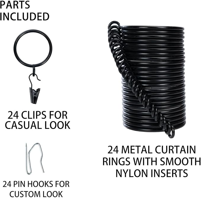 Decorative Curtain Clip Rings with Pin Hooks – 2" (50mm) Inner Dia (Pack of 24, Classic Black)