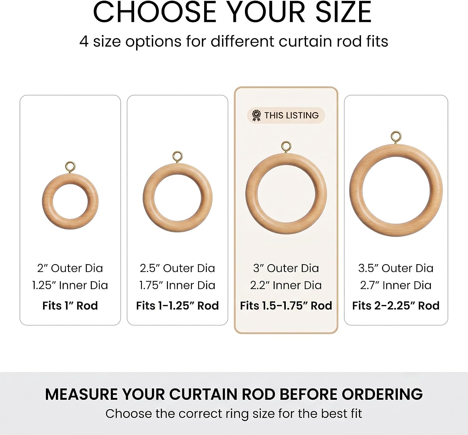Solid Beech Wood Curtain Pole Rings – 2.2" Inner Diameter (Pack of 12)
