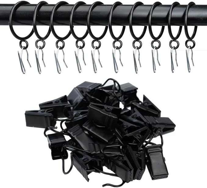 Decorative Curtain Clip Rings with Pin Hooks – 2" (50mm) Inner Dia (Pack of 24, Classic Black)