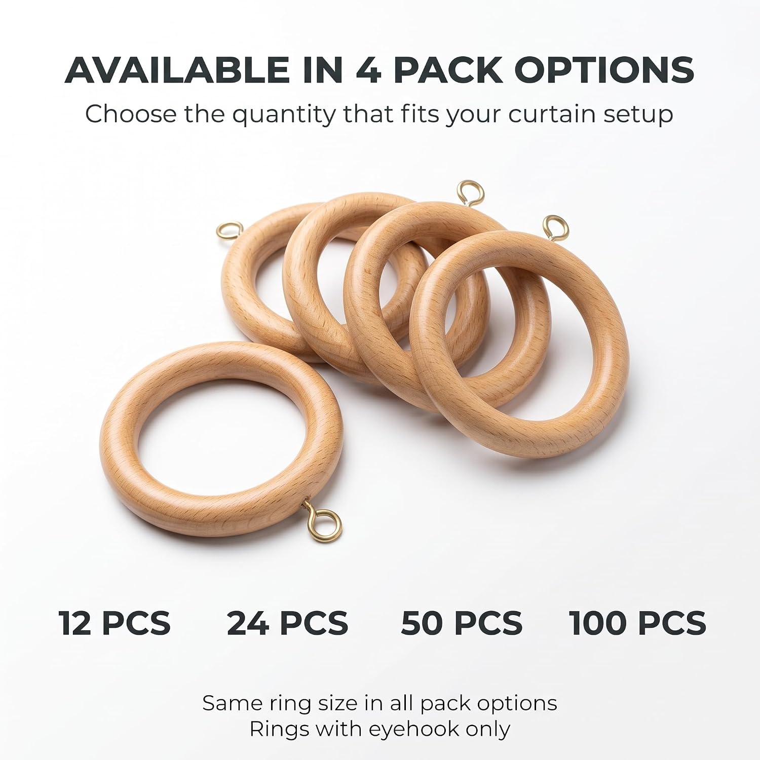 Solid Beech Wood Curtain Pole Rings – 2.2" Inner Diameter (Pack of 12)