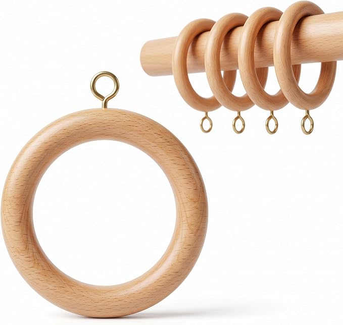 Solid Beech Wood Curtain Pole Rings – 2.2" Inner Diameter (Pack of 12)