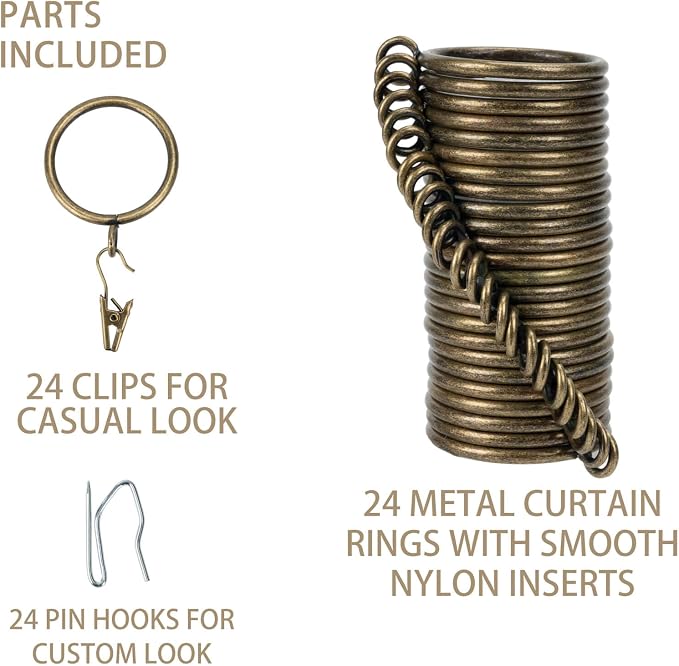 Heavy-Duty Curtain Rings with Matching Hooks & Clips – 50mm (Pack of 24, Bronze)
