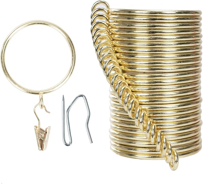 Decorative Curtain Clip Rings with Pin Hooks – 2" (50mm) Inner Dia (Pack of 24, Gold)