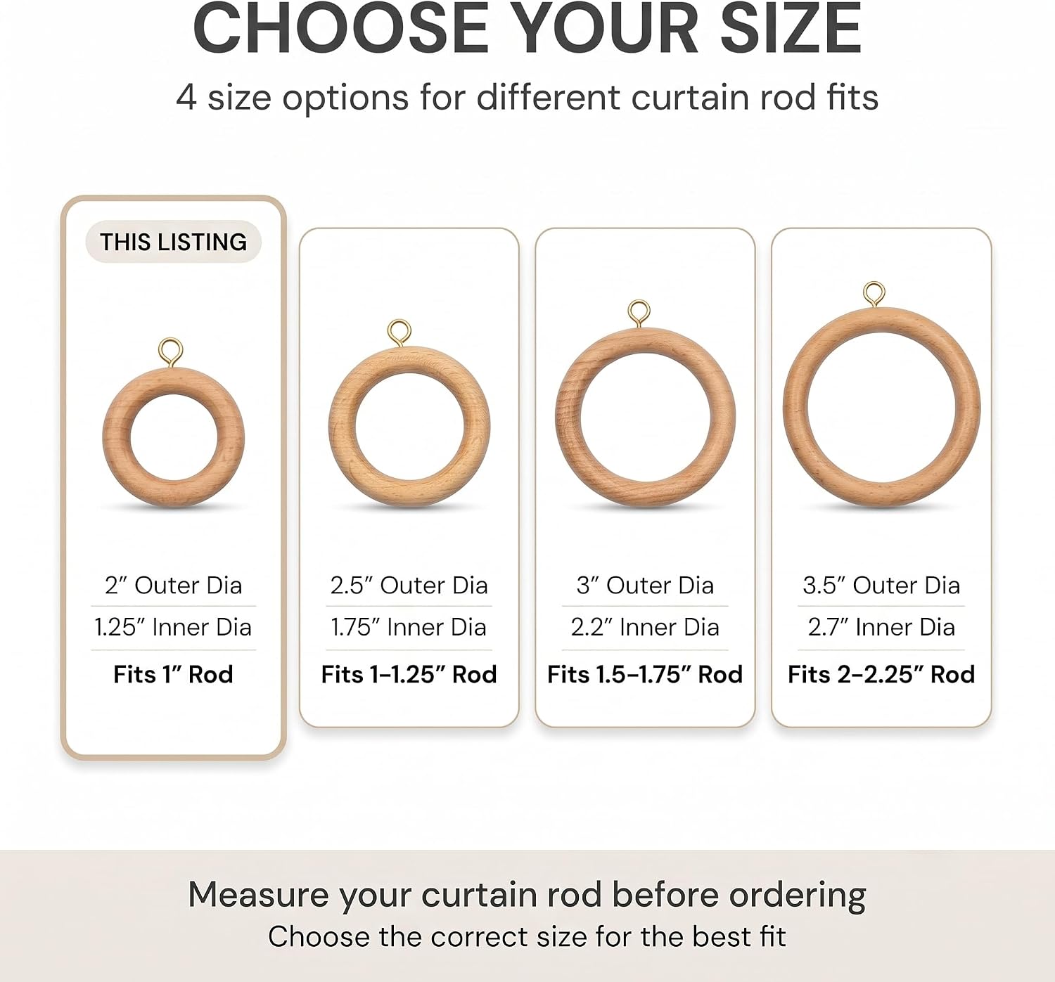 Natural Beechwood Curtain Pole Rings – 1.25" Inner Dia (Pack of 12)