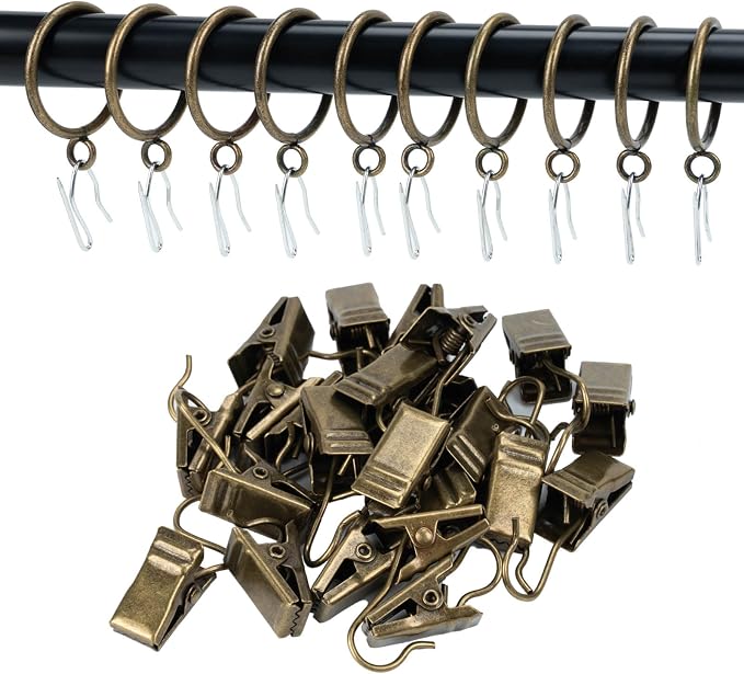 Heavy-Duty Curtain Rings with Matching Hooks & Clips – 50mm (Pack of 24, Bronze)