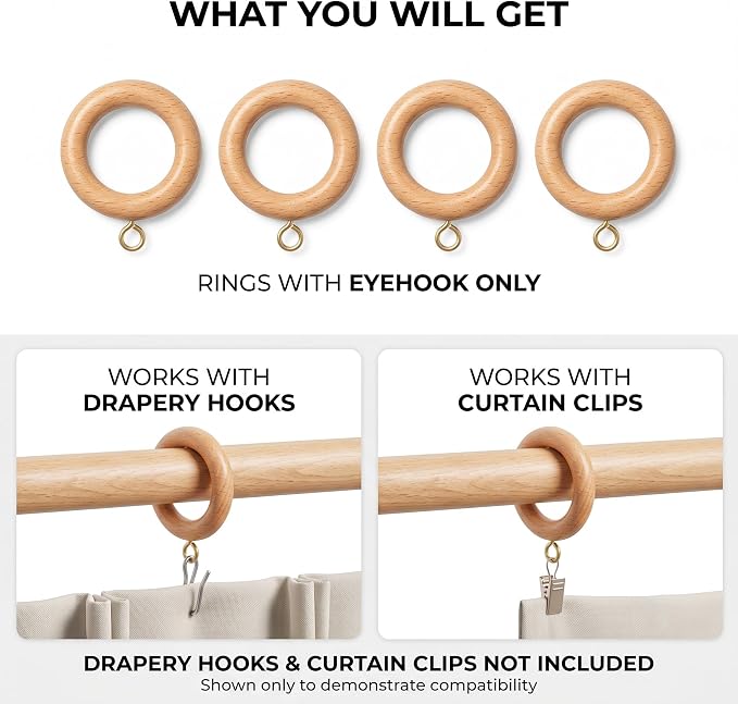 Natural Beechwood Curtain Pole Rings – 1.25" Inner Dia (Pack of 12)