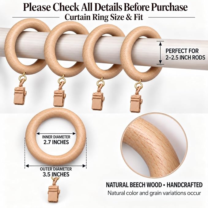 Large Beechwood Drapery Rings with Tension Clips – 2.7" Inner Dia (Pack of 12)