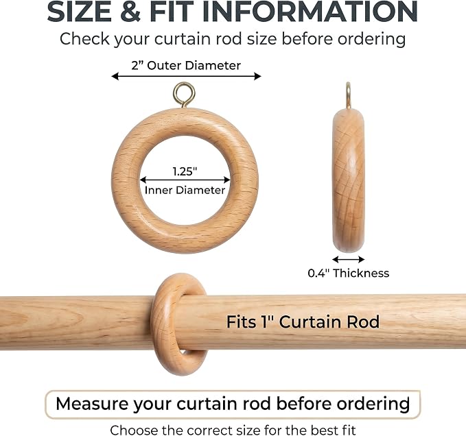 Natural Beechwood Curtain Pole Rings – 1.25" Inner Dia (Pack of 12)