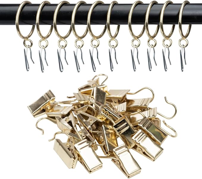 Decorative Curtain Clip Rings with Pin Hooks – 2" (50mm) Inner Dia (Pack of 24, Gold)