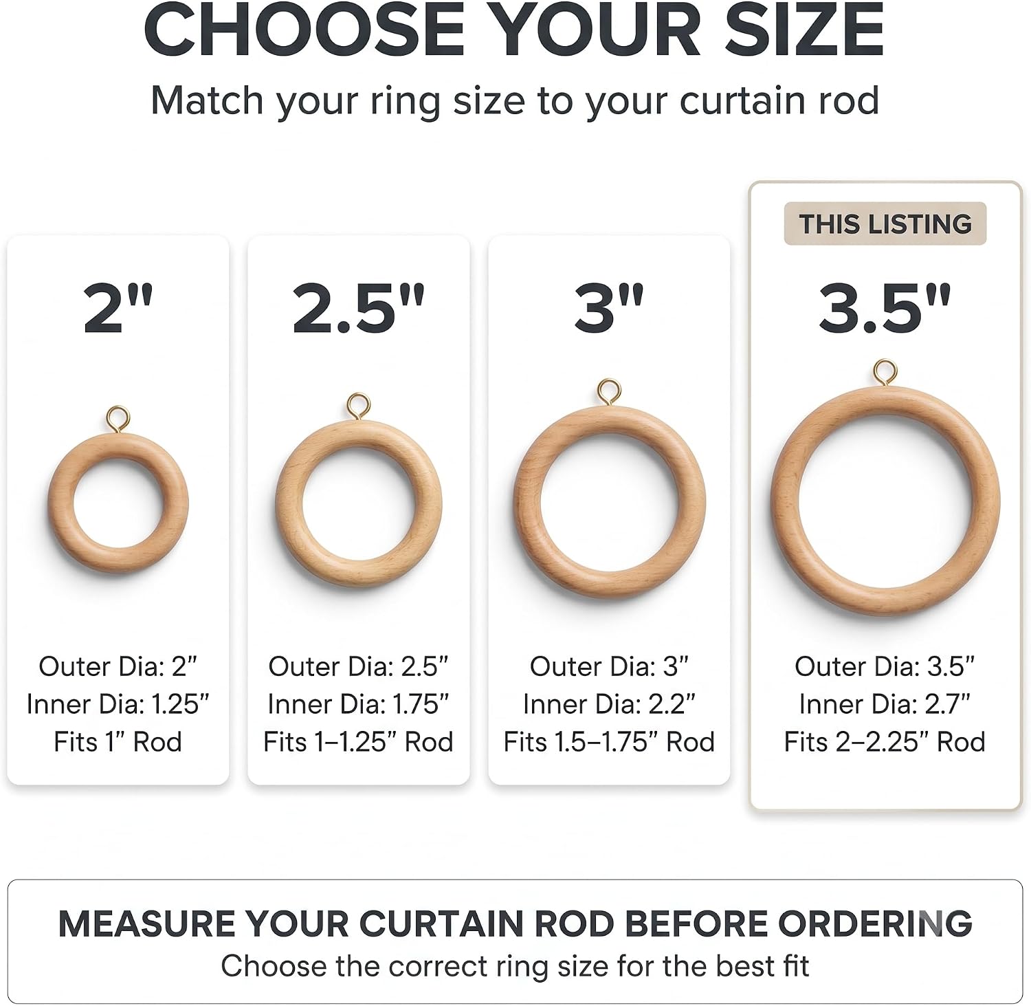 Solid Beech Wood Curtain Pole Rings – 2.7" Inner Diameter (Pack of 12)