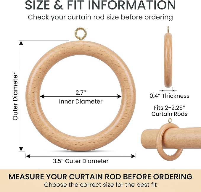 Solid Beech Wood Curtain Pole Rings – 2.7" Inner Diameter (Pack of 12)