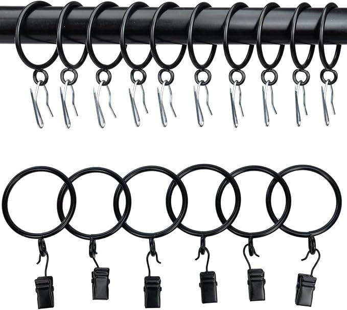 Decorative Curtain Clip Rings with Pin Hooks – 2" (50mm) Inner Dia (Pack of 24, Classic Black)