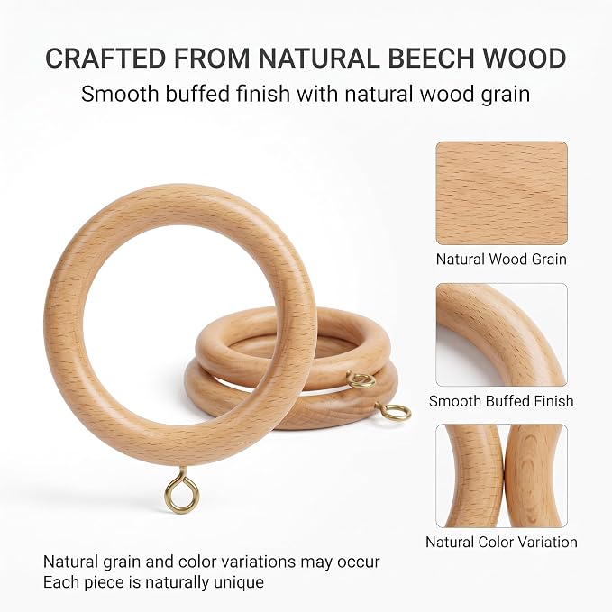 Solid Beech Wood Curtain Pole Rings – 2.2" Inner Diameter (Pack of 12)