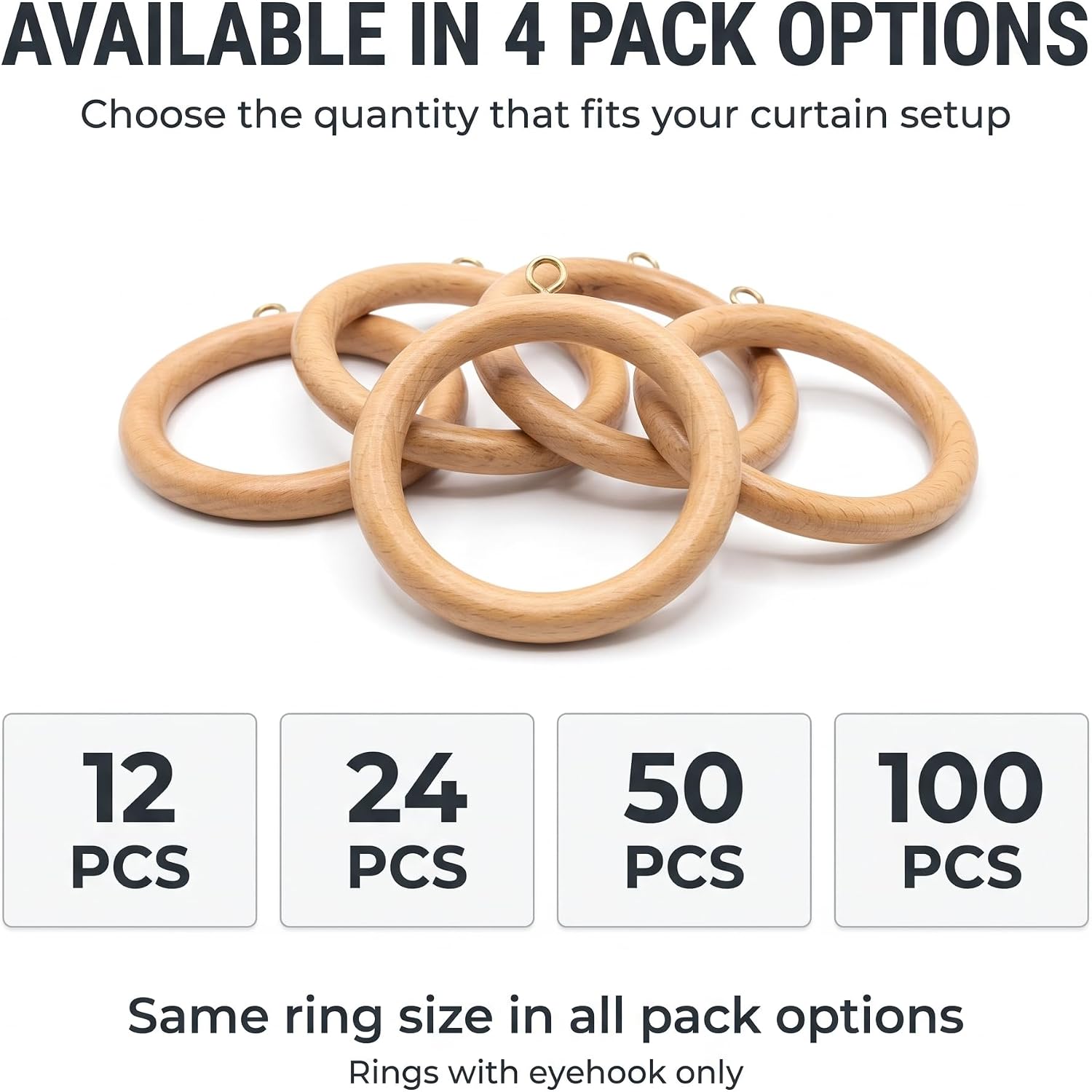 Solid Beech Wood Curtain Pole Rings – 2.7" Inner Diameter (Pack of 12)