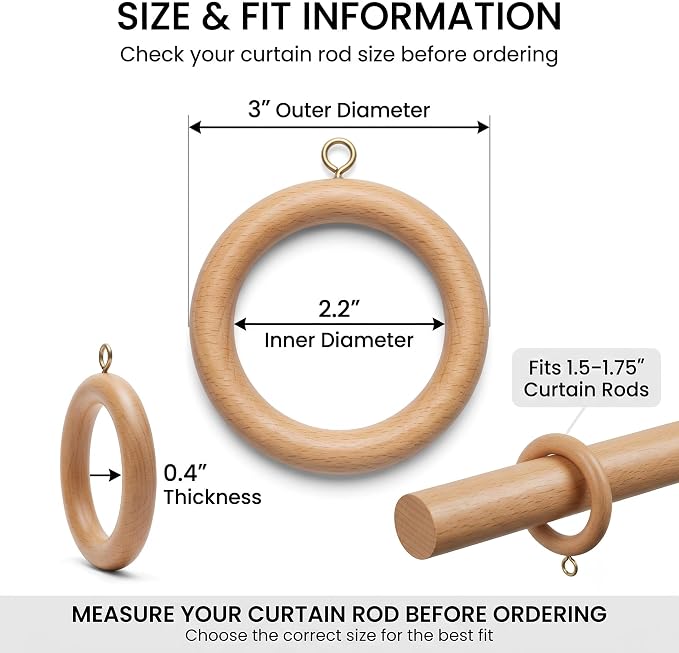 Solid Beech Wood Curtain Pole Rings – 2.2" Inner Diameter (Pack of 12)