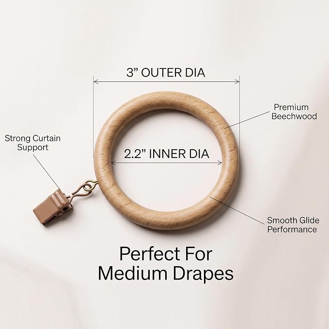 Natural Beechwood Curtain Rings with Metal Clips – 2.2" Inner Dia (Pack of 24)