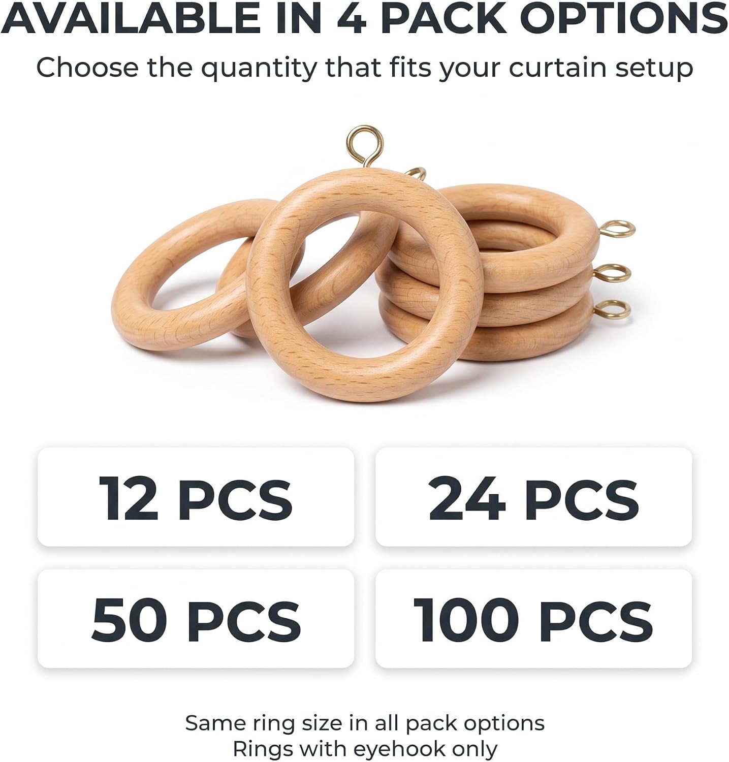 Natural Beechwood Curtain Pole Rings – 1.25" Inner Dia (Pack of 12)